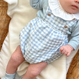 Look 3 peças Fofo vichy azul c/casaco e botinhas